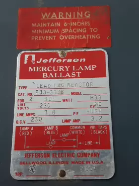 233-3333 JEFFERSON Mercury Lamp Ballast #3