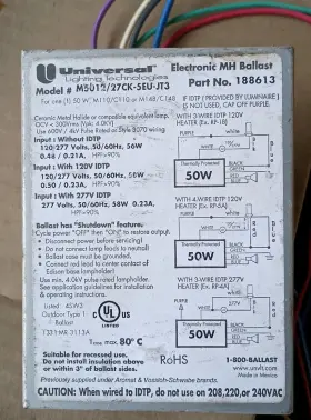 188613 UNIVERSAL LIGHTING TECHNOLOGIES Halide Ballast