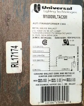 M1000MLTAC5M UNIVERSAL LIGHTING TECHNOLOGIES Halide Ballast